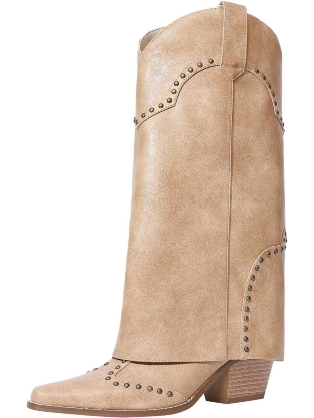 Women Shark Boots Knee High Cowgirl Fold Over Chunky Heel Snip Toe Pull On Beige